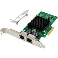 Green PCIe 2.0 x4 network card with dual Ethernet ports, black heatsink, and metal bracket by Origin Storage.
