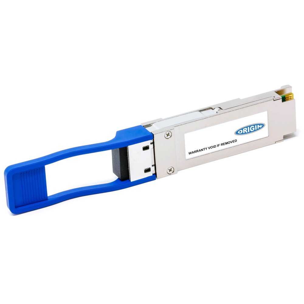HPE Aruba compatible QSFP+ transceiver in silver and blue, featuring a sturdy handle for easy insertion and removal, designed for 40GBase-L connectivity.