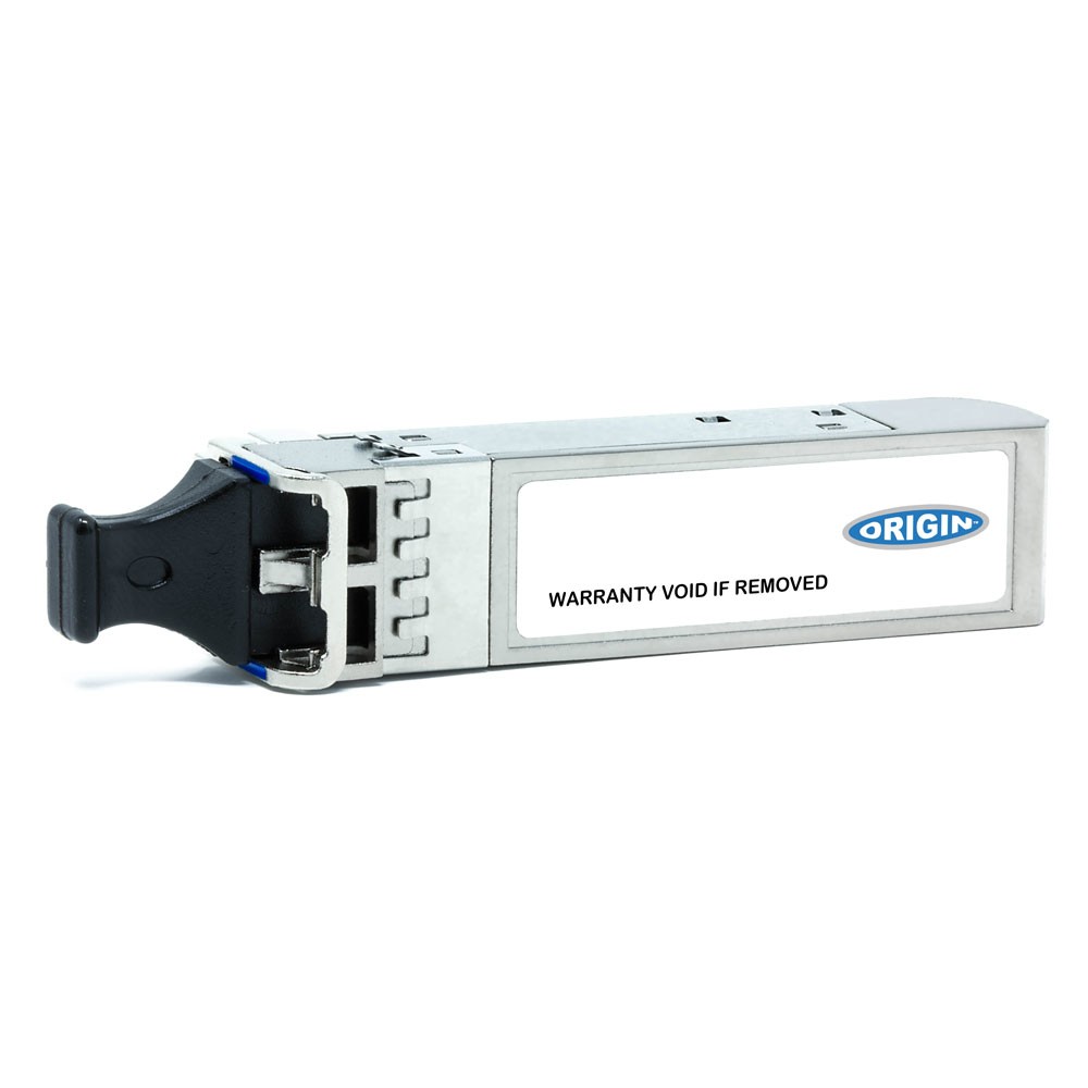 Origin Storage JL738A HPE compatible transceiver SFP+ in silver metal casing with blue and black accents, featuring a label that reads "ORIGIN" and a warning about warranty void if removed.