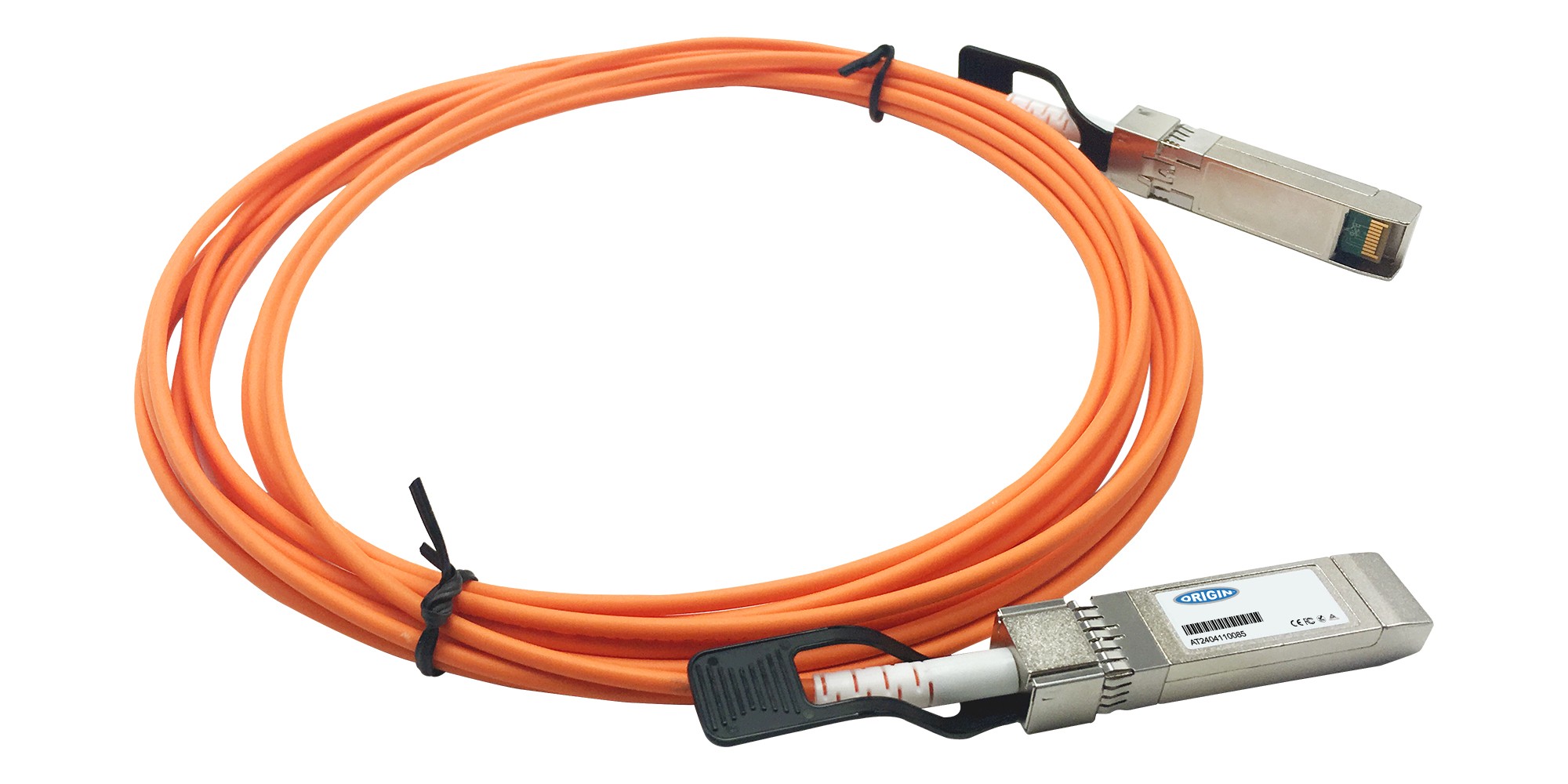 Orange active optical cable with two metal connectors, designed for Juniper compatibility, featuring a flexible design and a length of 5 meters.