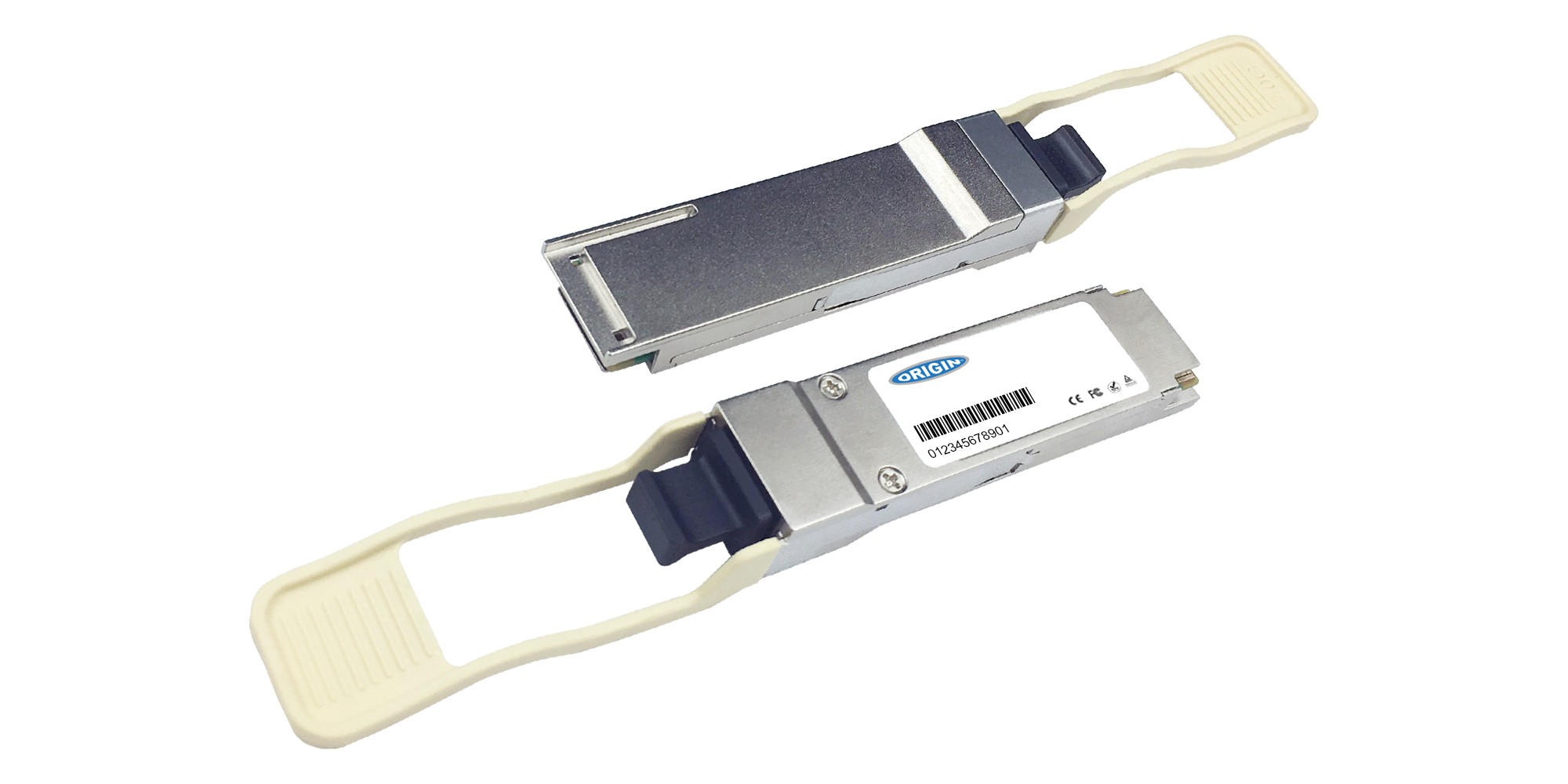 Juniper compatible transceiver with a metallic body, featuring a white plastic latch, labeled with "ORIGIN" and technical specifications, designed for high-speed data transmission.