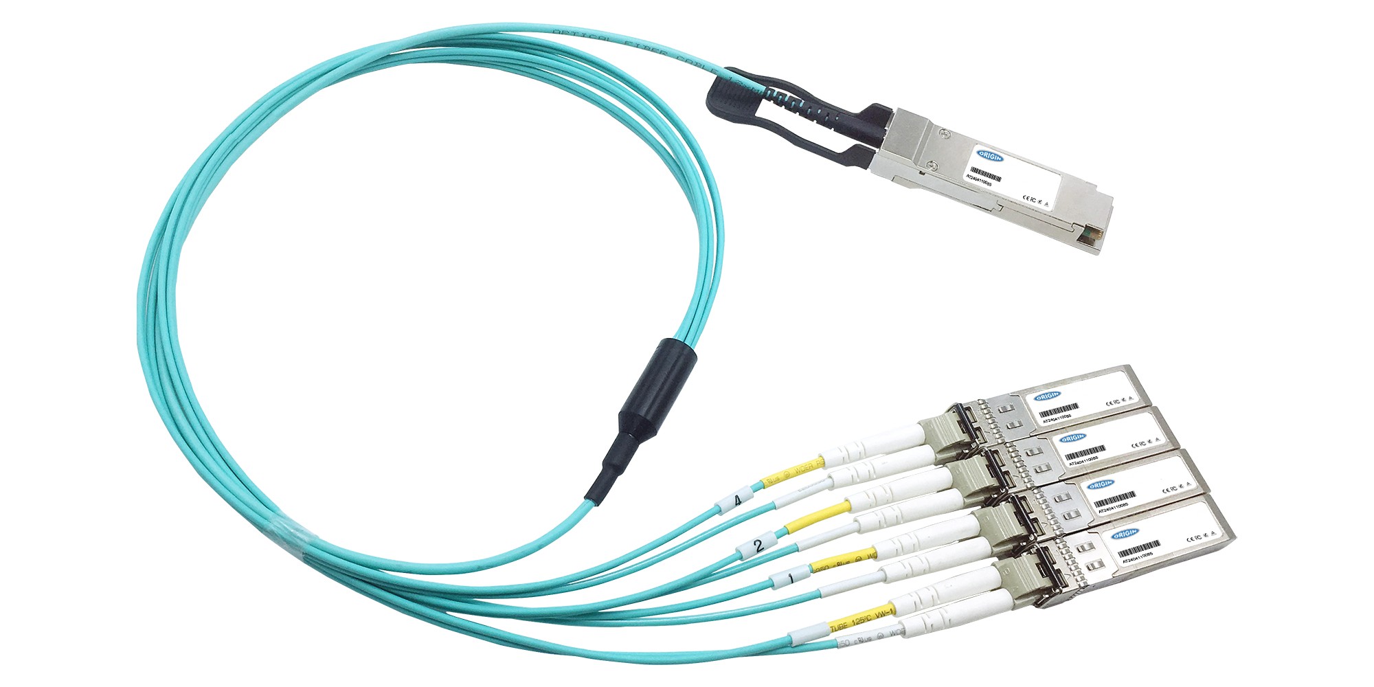 Active optical cable in teal, featuring a QSFP connector on one end and four LC connectors on the other, designed for high-speed data transmission.