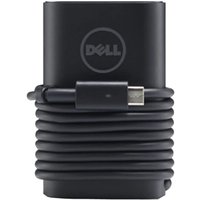 Black Dell power adapter with coiled cable and USB-C connector, compact design with Dell logo on the front.