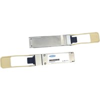 Origin Storage QSFP+ 40GBase-SR4 transceiver, silver casing, beige pull tabs, and blue release latch.