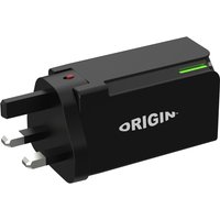 Black Origin Storage 65W wall charger with dual UK/US plug and LED indicator.