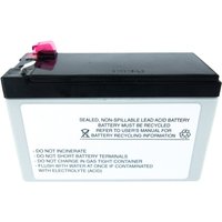 Black and white rectangular UPS battery cartridge with red connector and recycling instructions on the side.