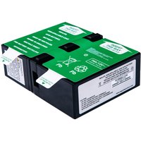 Black and green Origin Storage UPS battery cartridge APCRBC123 with labeled pull tabs and recycling symbols.