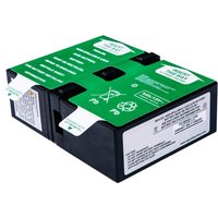 Black and green Origin Storage UPS battery cartridge with labeled instructions and recycling symbols.