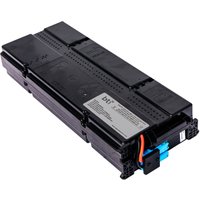 Black rectangular UPS battery cartridge with labeled top and visible wiring connections.