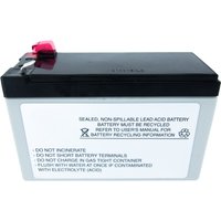 Black and white Origin Storage UPS battery cartridge with red connector and recycling instructions on the label.