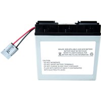 Rectangular Origin Storage UPS battery cartridge RBC7 with black top, gray body, and attached red and black wires.
