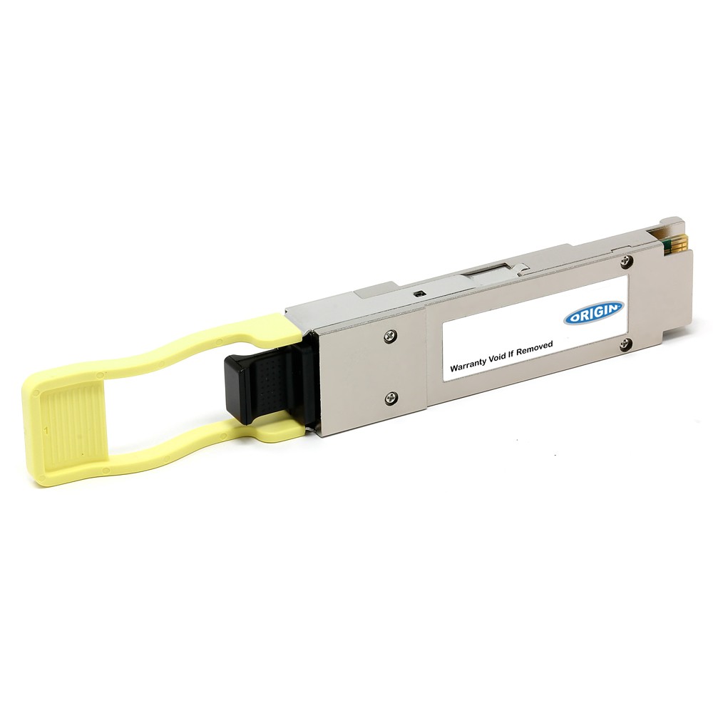 Silver transceiver module with a yellow pull tab, featuring a label that reads "Origin" and "Warranty Void if Removed," designed for 100GBASE-SR4 compatibility.