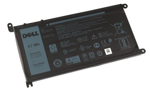 Dell replacement battery in black, featuring a rectangular shape, printed specifications, and safety symbols, with a capacity of 11.4V and 3684mAh.