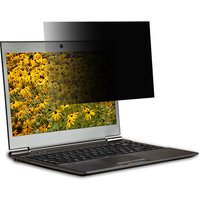 Black Origin Storage 2-Way Security Filter for 14-inch screens, partially covering a laptop display with floral wallpaper.
