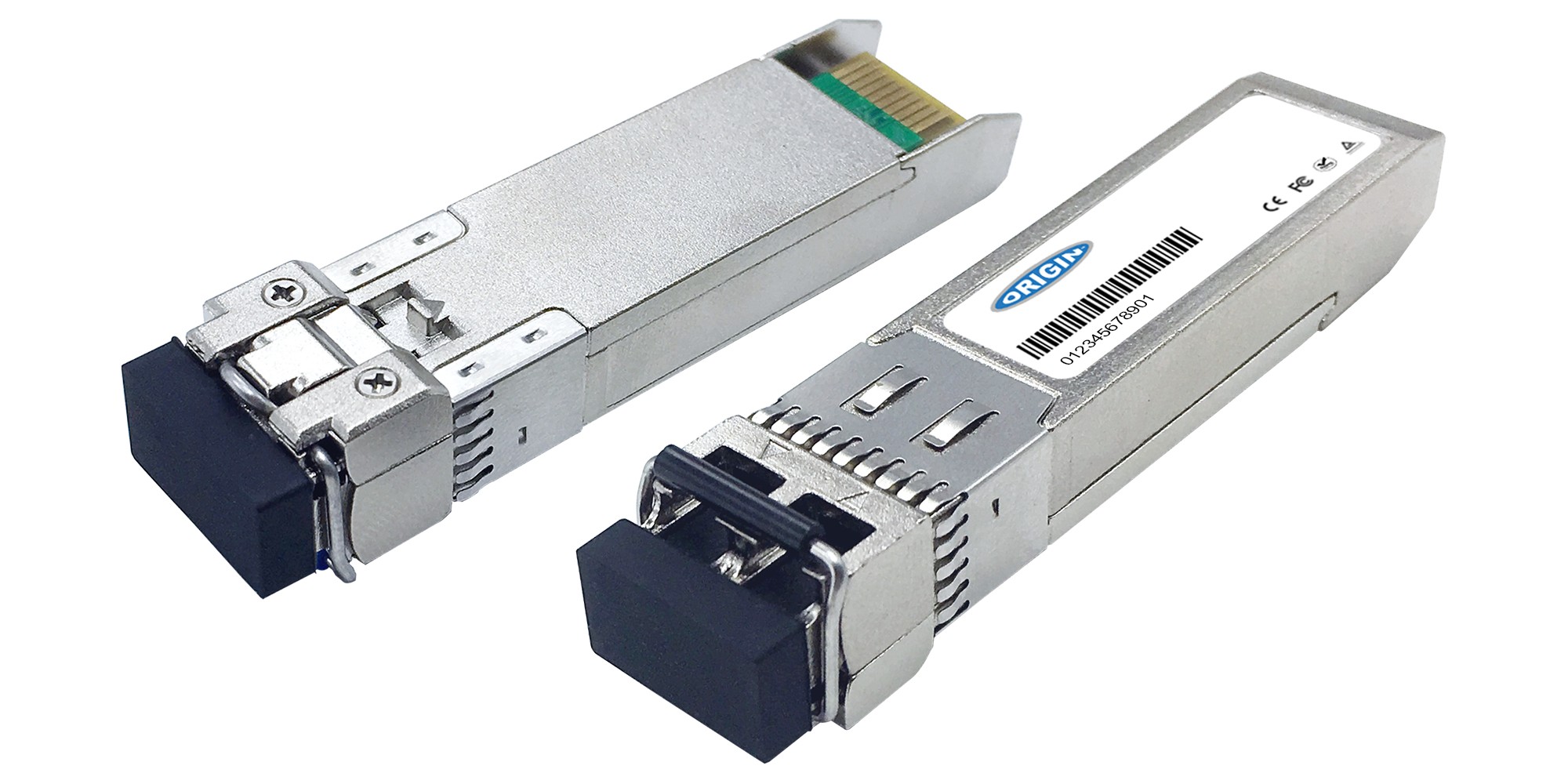 Silver metal transceiver with a black connector end, featuring a label on one side, designed for 10/25G compatibility, suitable for Cisco systems.