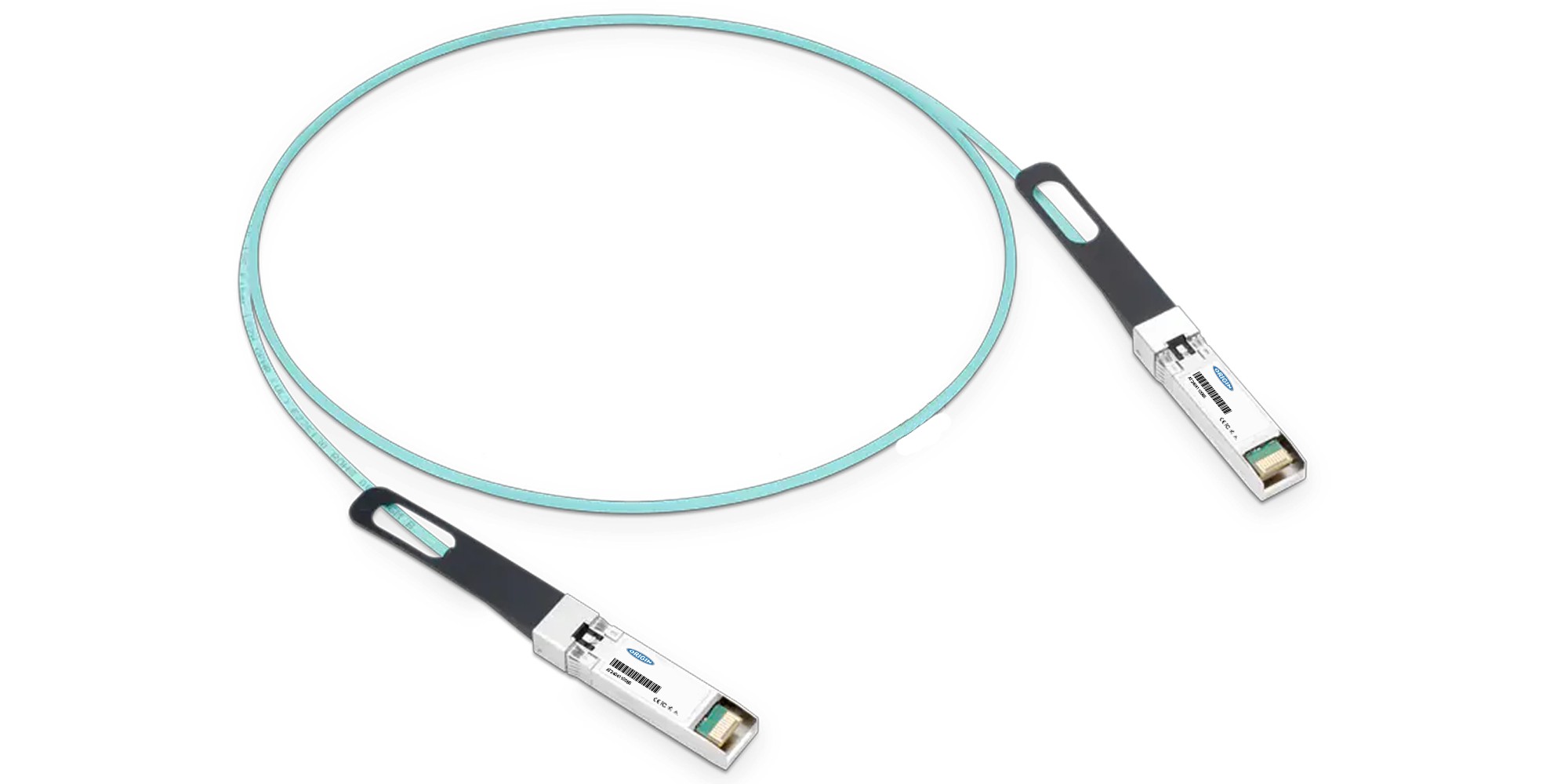 Active optical cable with a light blue flexible fiber, featuring two silver connectors at each end, designed for 25G data transfer, compatible with Cisco devices.
