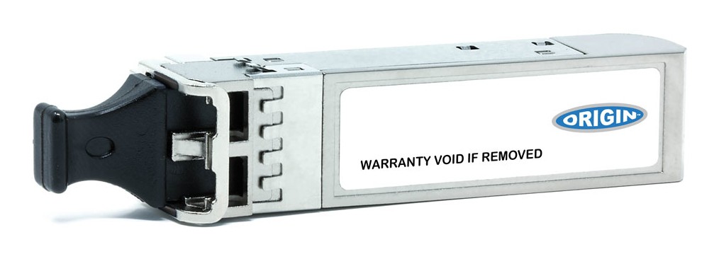 Silver metal transceiver module with a black latch, labeled "ORIGIN" and "WARRANTY VOID IF REMOVED," designed for 25GBase-S connectivity, compatible with Cisco equipment.