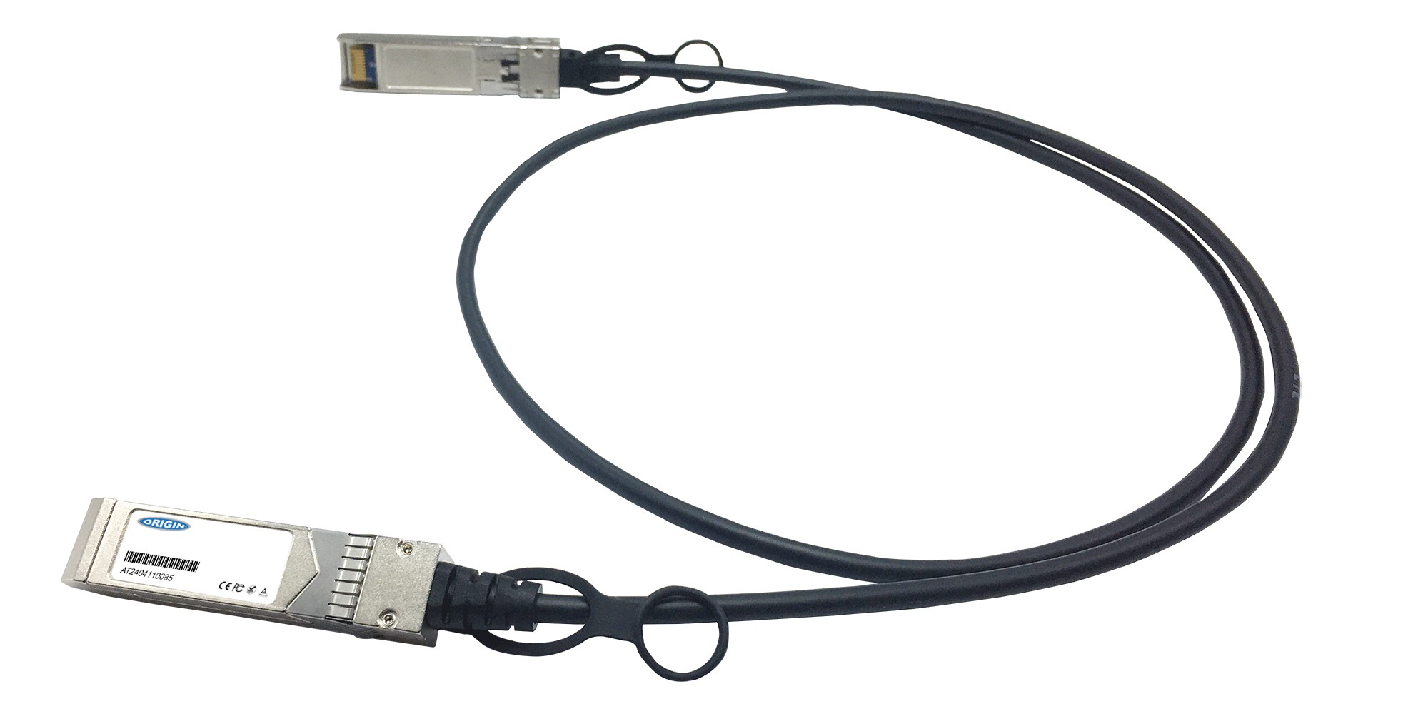 Direct Attach Copper cable with two metal SFP connectors, featuring a flexible black cable, designed for Cisco compatibility, measuring 10 meters in length.