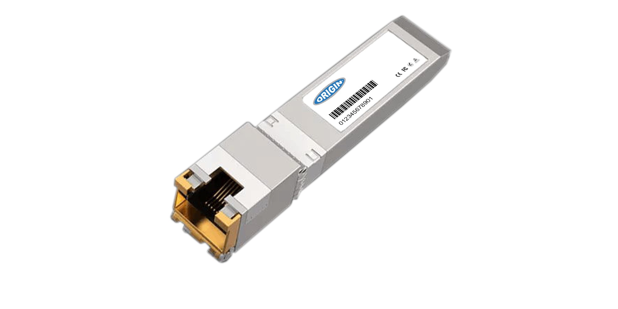Juniper compatible SFP+ transceiver in silver metal casing with a gold-plated connector, featuring a white label with blue branding and barcode.