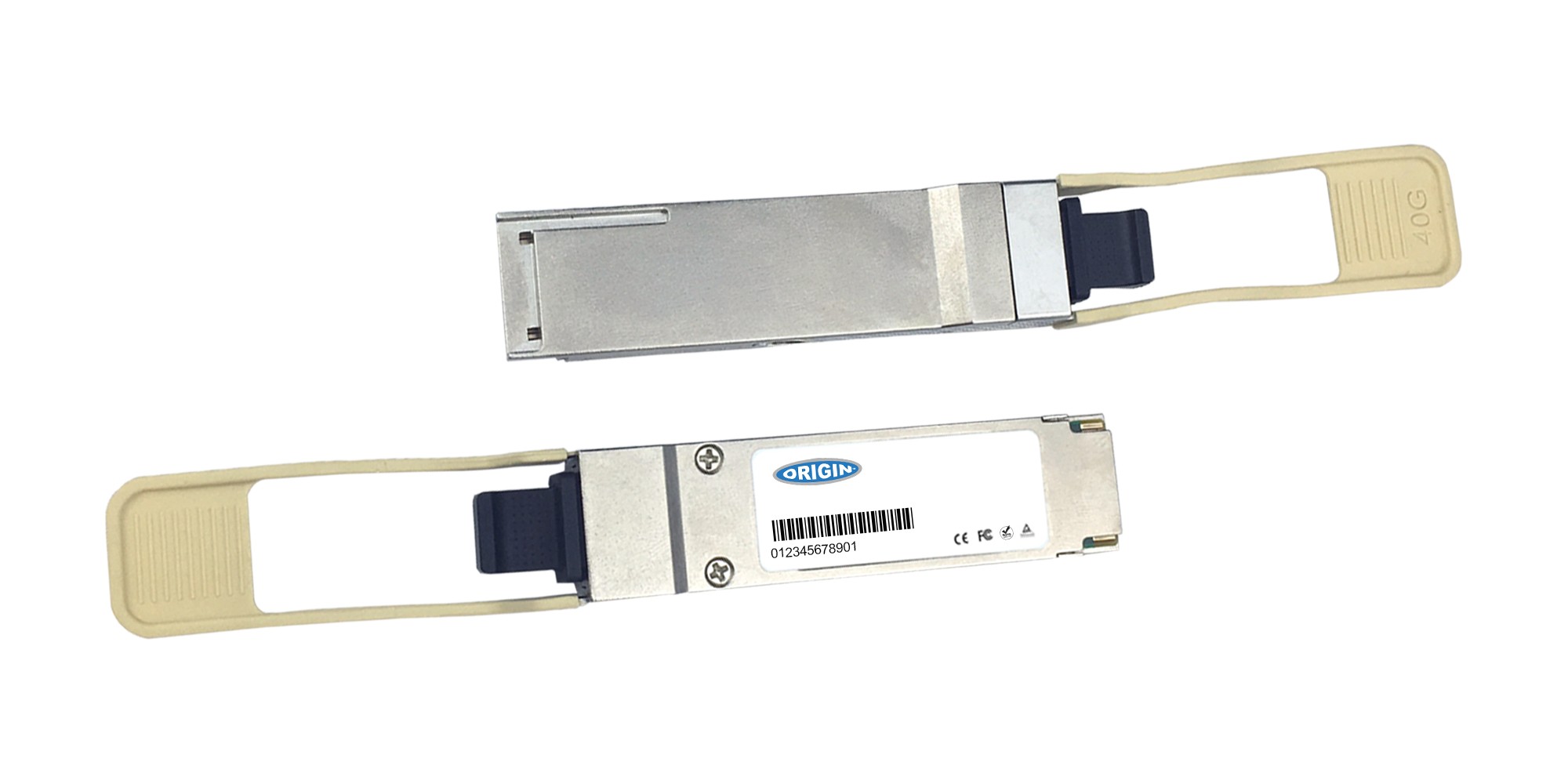 Chelsio-compatible QSFP+ transceiver in silver metal with a yellow plastic latch, labeled "40G" and "Origin Storage," designed for 40GBase-S connectivity.