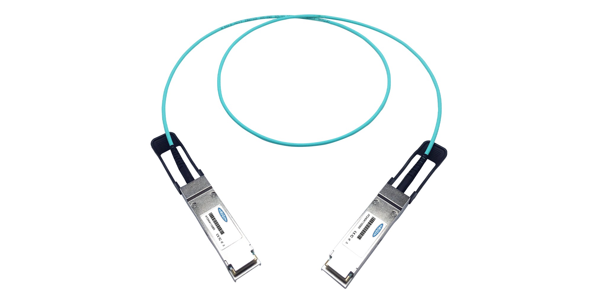 Two metallic connectors with a silver finish and blue plastic clips are attached to a light blue fiber optic cable, designed for Intel Silicon Photonics compatibility.