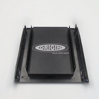 Black Origin Storage SSD 256GB 2.5in in 3.5in converter tray with mounting brackets and cables.