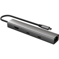 Gray Origin Storage Travel Dock USB-C 6in1 with HDMI, USB-C ports, Ethernet, and attached cable.