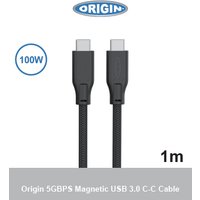 Black Origin Storage USB-C-C magnetic cable, 1m length, 5Gbps, 100W, with braided exterior and USB 3.0 connectors.