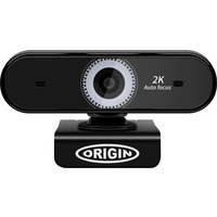 Black Origin Storage USB Webcam 2K Full HD with autofocus lens and rectangular design on a branded base.
