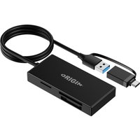Black Origin Storage card reader with USB-C, USB-A connectors, and multiple card slots on a compact rectangular body.