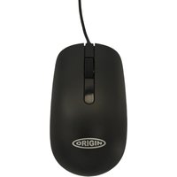 Black Origin Storage wired optical mouse with scroll wheel and logo on top.