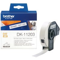 Brother DK11203 QL File Folder Labels, white roll with black text, in blue packaging with label dispenser.