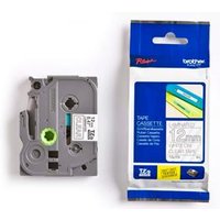Brother P-Touch TZE135 12mm gloss tape, white on clear, gray cassette with green spool, packaging beside it.
