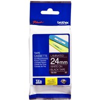Brother P-Touch TZE355 24mm gloss tape, white text on black, in blue and white packaging with product details.