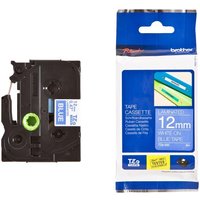 Brother P-Touch TZE535 12mm gloss tape, white text on blue, black cassette with green spool and packaging.
