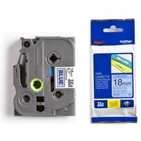 Brother P-Touch TZE541 tape, 18mm, glossy black on blue, gray cassette with green spool, blue and white packaging.