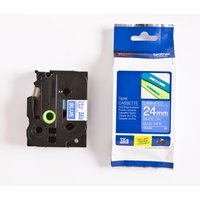 Brother P-Touch TZE555 24mm tape, white on blue, black cassette, packaging with blue label and product details.