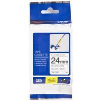 Brother P-Touch TZEFX251 tape, 24mm flexible, black on white, in blue and white packaging with hanging tab.