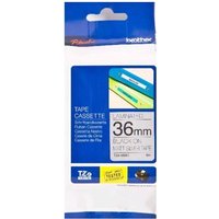 Brother P-Touch TZEM961 tape, 36mm, matte black on silver, in blue and white packaging with product details.