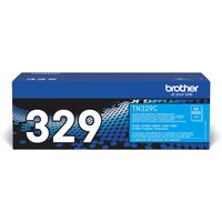 Brother TN-329C Cyan Toner Cartridge, blue box with white "329" text and product details on the side.