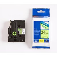 Brother TZEC51 24mm tape cassette, black on yellow, fluorescent, with blue and white packaging displaying tape details.