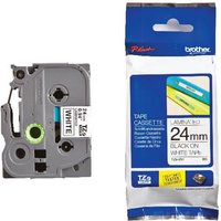 Brother TZES251 24mm tape, black on white, strong adhesive, gray cassette, packaged with blue and white label.
