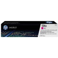 HP 126A Magenta Toner Cartridge, black box with HP logo, magenta dot, and product details on white label.