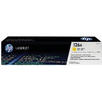 HP 126A Yellow Toner Cartridge box, black with blue HP logo and yellow label on the side.