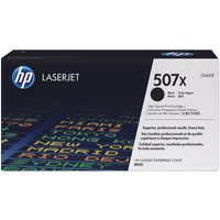 Black HP 507X toner cartridge box with white label, blue HP logo, and colorful text design.