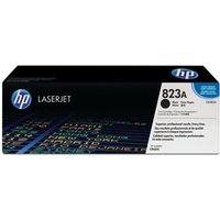 Black HP 823A toner cartridge box with blue HP logo and white label displaying product details.
