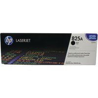 HP 825A black toner cartridge box with colorful text design and HP logo on a dark background.