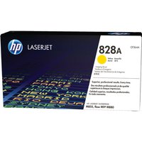 HP 828A Yellow Drum Unit in black box with HP logo, yellow circle, and product details on white panel.
