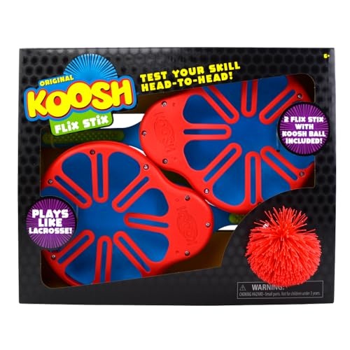 Red and blue plastic Flix Stix game set with two large paddles and a bright red pom-pom ball, packaged in a black box featuring colorful graphics and warning labels.