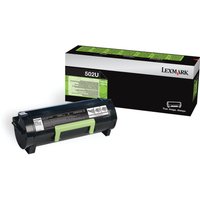 Lexmark 502U toner cartridge, black with green handle, next to matching black and green packaging box.